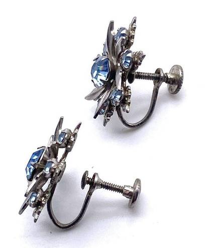 Vintage Blue  Rhinestone Swirl Snowflake Screw Back Earrings clip on