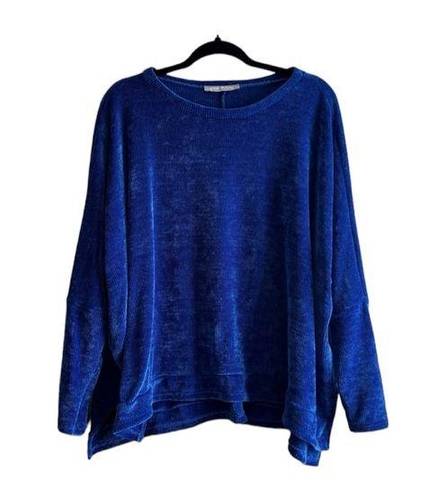 Pixi & Ivy  Royal Blue Chenille Velvet Sweater Oversized Pullover Side Slit - Sm