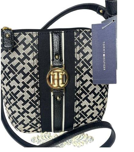 Tommy Hilfiger NEW  CROSSBODY HANDBAG Black Tan Jacquard Faux Leather Logo Purse