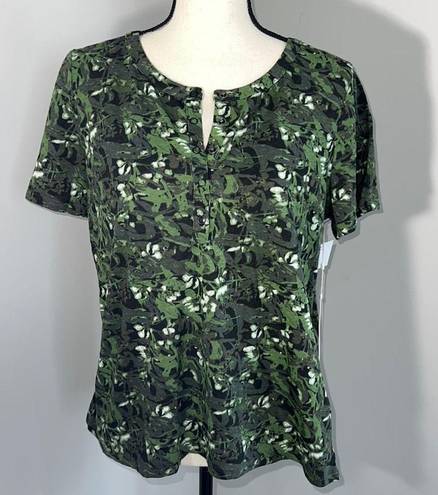 Caslon  Snap Placket Henley Green Floral Snap Button T-Shirt Small NWT