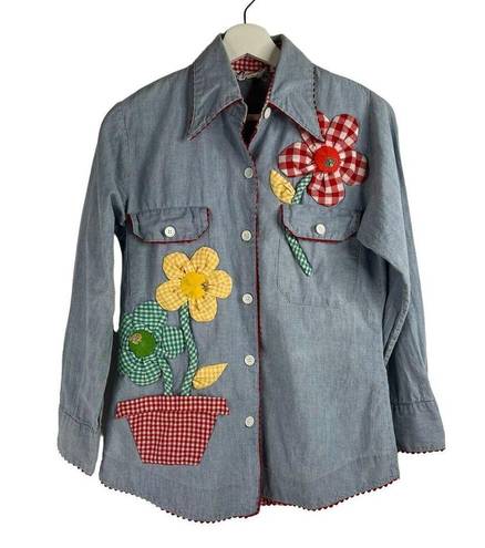 Daisy Vintage Size 10 70s  Appliqué Chambray Shirt Embroidered 3D Flowers Button