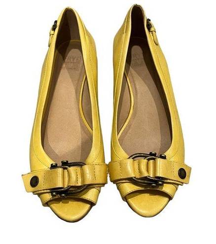 Frye Wedges  Yellow Leather Buckle Detail Peep Toe Wedges, Sz 8