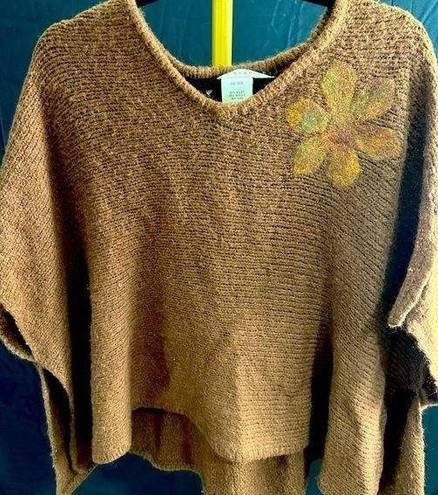 Max Studio Sweater Cape Shrug Wrap Brown Wool Flower Accent One Size Poncho