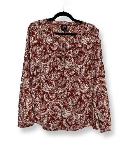 Bobeau  Womens Blouse Brown White Paisley Long Sleeve Tie Keyhole Lined L New