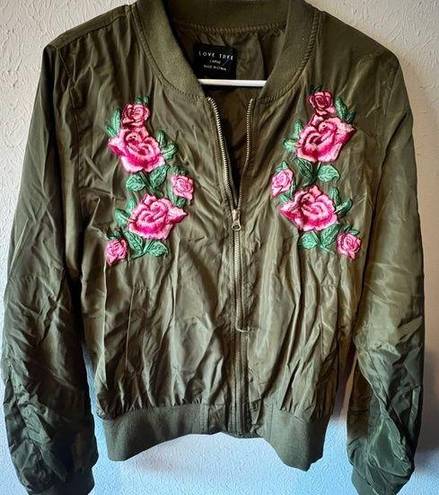 Love Tree  Embroidered Bomber Jacket Embroidery Flowers Large Size Army Green