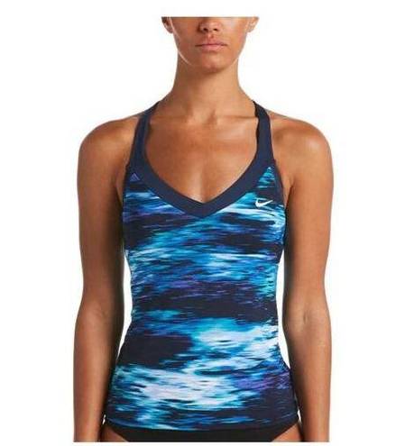 Nike  Women's Blue Blur Abstract V-neck Tankini Top Sz M