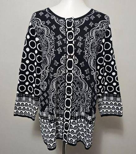 Isaac Mizrahi  Black & White Geo Paisley Jacquard Knit Cardigan Size XL