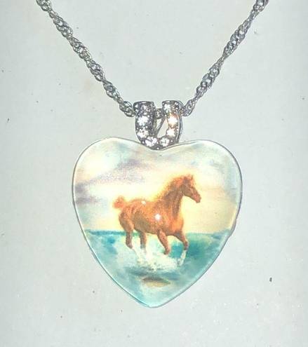 Twisted Silver Tone Horse CZ Rhinestone Pendant Cowboy Western  Chain Necklace