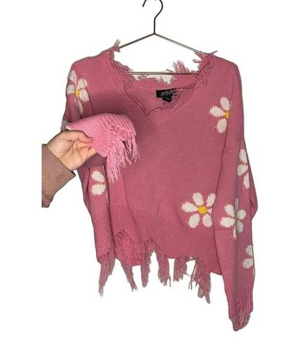 Daisy Just Polly Pink  Flower Cropped Raw Hem Distressed Sweater Size Medium