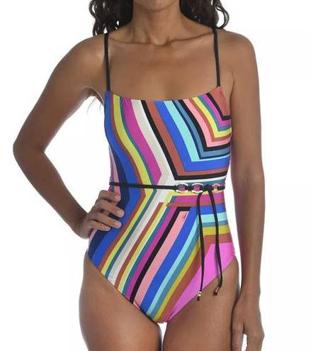 Trina Turk  Illusions Stripe Belted One-Piece Swimsuit 6 NWOT