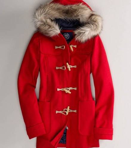 American Eagle Outfitters Red Coat with Faux Fur Hood (Like New Condition)