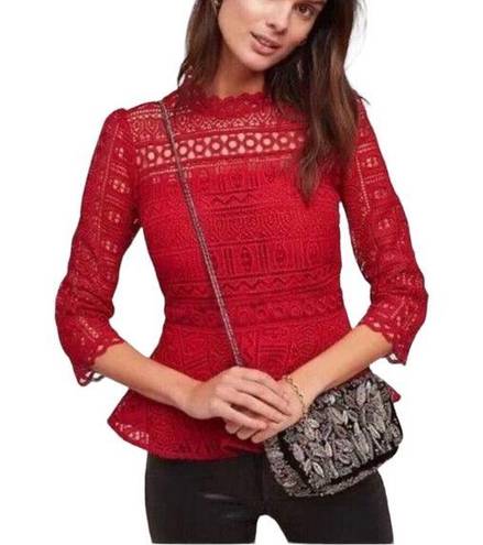 Moulinette Soeurs Anthropologie  Tamera Red Lace 3/4 Sleeve Peplum Top US 2