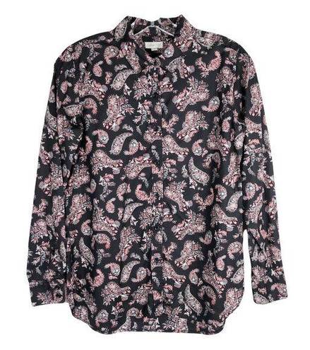 Garnet Hill  Size 00 Button Down Blouse Top Paisley Black Pink Collar Cotton 614