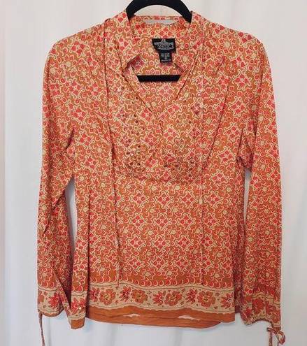 Angie  ORANGE GOLD FLORAL BEADED SEQUIN LONG TIE SLEEVES COLLAR SHIRT BLOUSE TOO