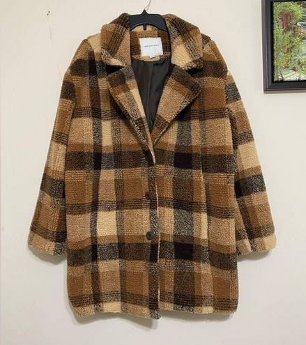 American Eagle  Outfitters Plaid Teddy Full Coat Oversize Brown Tan Lined Size L