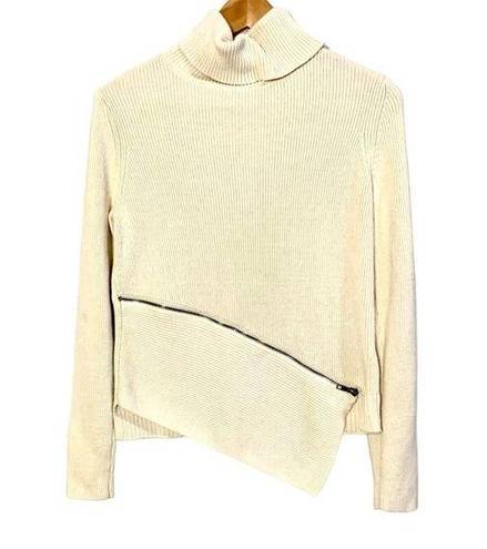 Banana Republic  Asymmetrical Slant Zip Sweater Turtleneck Ribbed Knit Cream XS