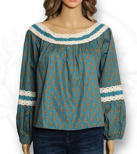 Luna  Moon Crochet Boho Peasant Printed Long Sleeve Blouse Teal Blue Size XL