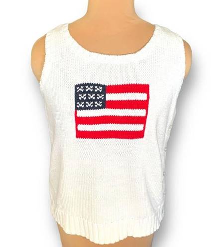 Vintage Village Sport Knit Sweater Vest White Red American Flag Side Button Size L