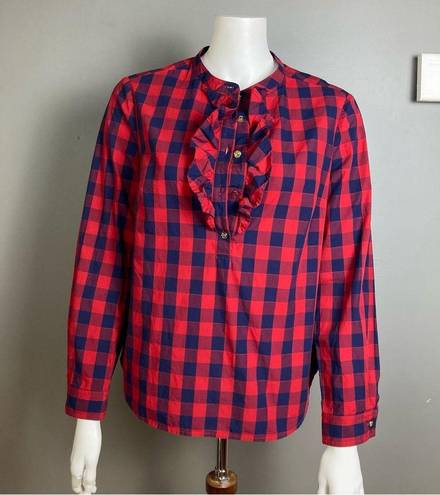 Draper James Draper Jane button up shirt 8 long sleeve plaid western ruffle navy blue red