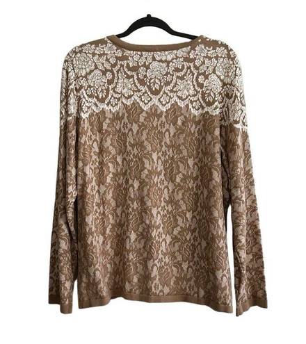 Bob Mackie LACE PRINT LONG SLEEVE BUTTON FRONT CARDIGAN, TAN, XL