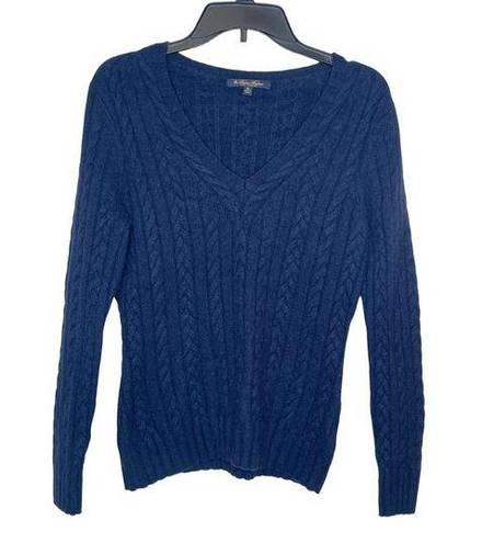 Brooks Brothers  Women's Sweater Cashmere Cable Knit Long Sleeve V-Neck Blue XL