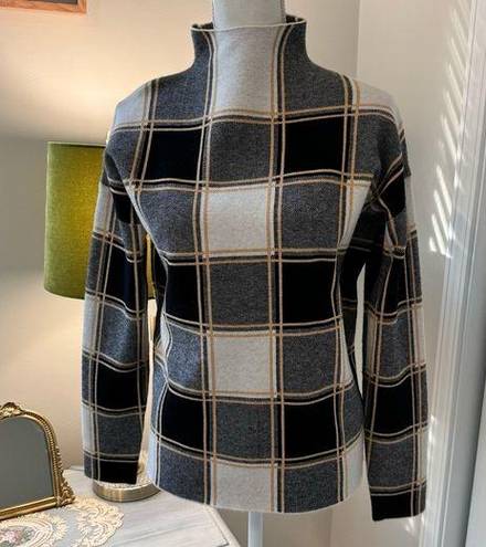 Tahari  Window Pane Plaid Black White Yellow Long Sleeve Mock Neck Sweater L