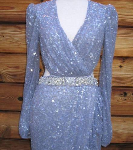 Mac Duggal NWT  Gorgeous Sequined Faux Wrap Cut Out Puff Sleeve Gown Dress