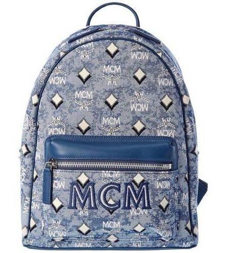 MCM  New Logo Monogrammed Jacquard & Leather Blue Backpack