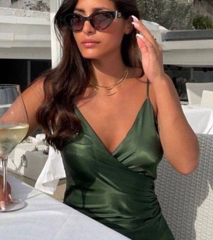 ZARA Draped Lingerie Style Emerald Forest Green Midi Dress 