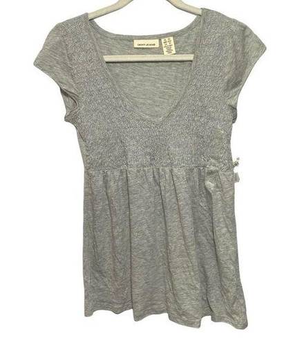 DKNY  Jeans Womens Sz XS Gray Shirt Short Sleeve Top Baby Doll V-neck Smocked NWT