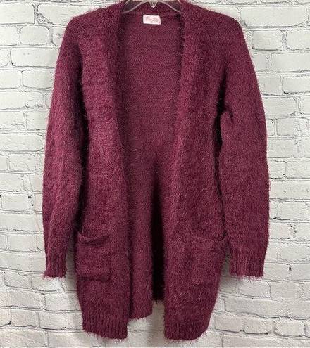 Pink Lily  Cardigan Sweater Soft Fuzzy Eyelash Knit Front Pockets Burgundy M