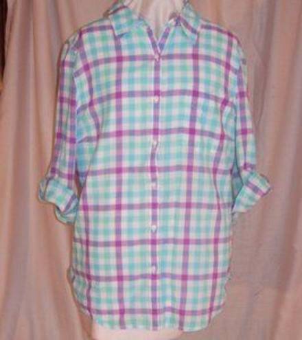 SO Blue Purple Plaid Check  Button Front 3/4 Sleeve Cotton Shirt. Size XL.