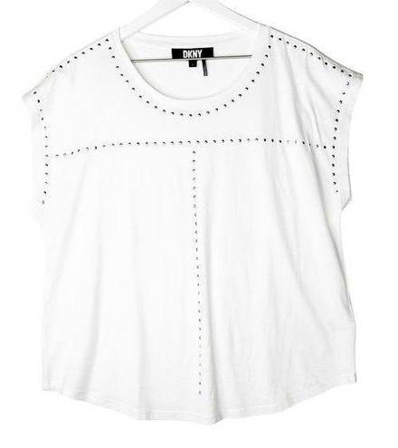 DKNY  White Scoop Neck Studded T-Shirt Pullover Top Silver Studs Lightweight L