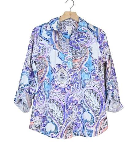 Chico's  Womens S No Iron Paisley Print Button Down