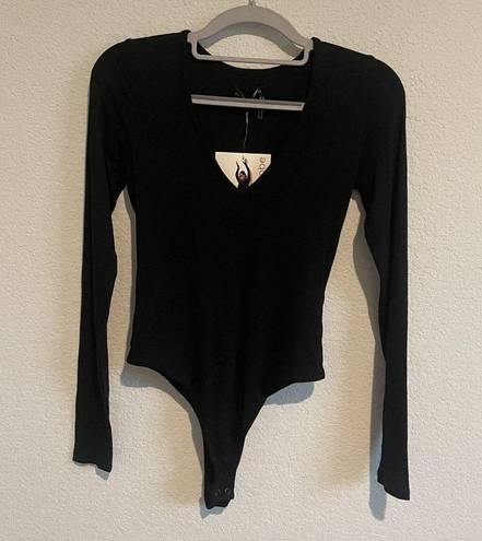 Naked Wardrobe  New Bodysuit Womens Extra Small Black Long Sleeve V Neck NWT