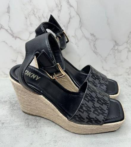 DKNY  Sandals Womens Size 6.5 Black Ankle Strap Espadrille Open Toe Wedges New