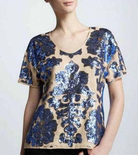 Tracy Reese  Neiman Marcus Sequin Top Short Sleeve Blue Nude Size Medium