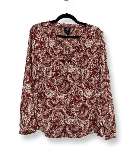 Bobeau Womens Blouse Brown White Paisley Long Sleeve Tie Keyhole Lined L New