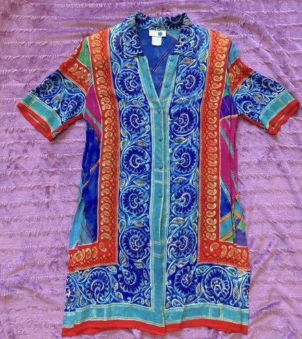 Gottex Vintage 80s  Mediterranean Abstract Colorful Button Up Shirt Dress