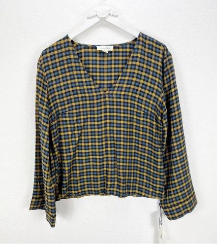 Treasure & Bond  Deep V-neck Blouse Plaid Yellow Navy Size Small S NWT