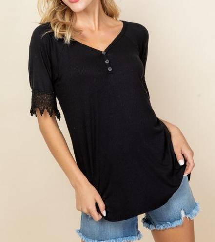 a.gain  Black Plus Size Lace Trimmed Short Sleeve Henley Top 1X 2X 3X