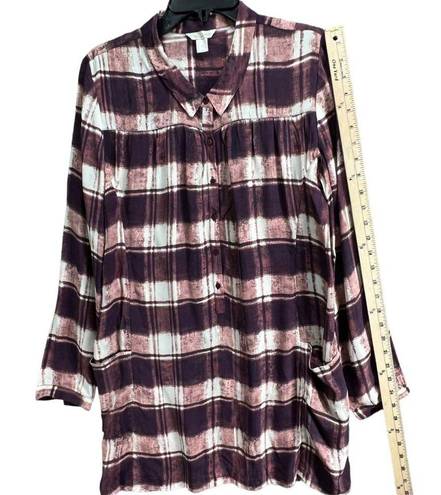 Garnet Hill  Womens Plaid Crepe Tunic Top 6 Brown White Long Sleeve Half Button