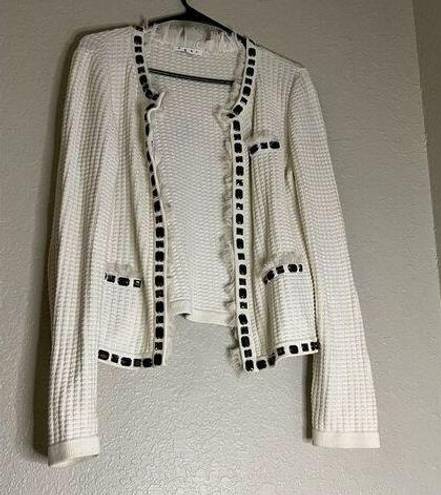 CAbi  Cardigan Sweater Womens M Ivory Gabrielle #284 Beaded Ruffles Waffle Knit