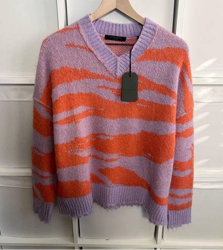 All Saints Tiga Abstract Stripe V-Neck Sweater in Lilac/Orange