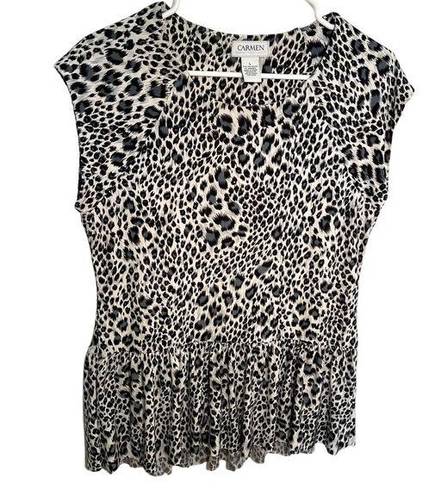 Carmen Marc Valvo  Peplum Blouse White Animal Print