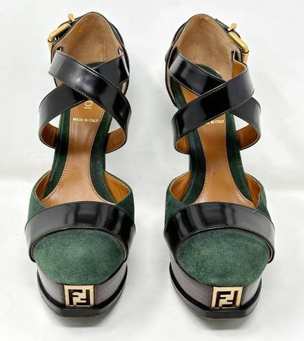 Fendi  Green Suede Black Leather Round Toe Logo Wooden Sole Platform Heels Pumps