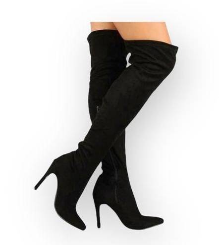Bebe  𖤐 Over the Knee Stiletto Heel Pointy Toe Boots 𖤐 Black Vegan Suede 𖤐 7.5