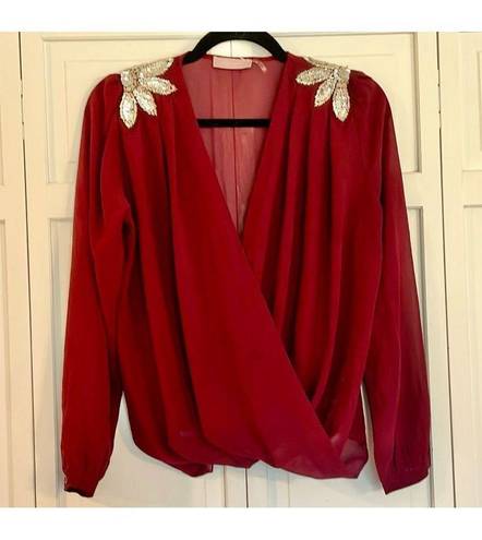 Harper  burgundy faux wrap metallic appliqué blouse size small