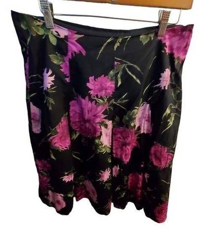 Talbots  SIZE 8 black skirt with large purple and pink flowers and a-line