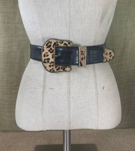 Adrienne Landau Black Leather Dress Trouser Belt W/ Leopard Print Cow Fur  34-38 In. Size M-Lrg